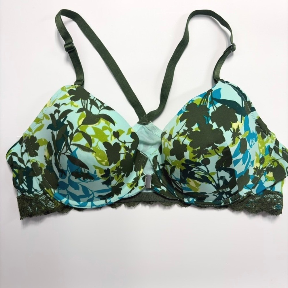 Adore Me Womens 36C Aqua Green Floral Padded Push Up Underwire Strappy Bra